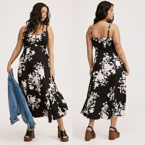 NWT Torrid 1 Black Floral Tea Length Stretch Challis Trapeze Dress 1X 14 16